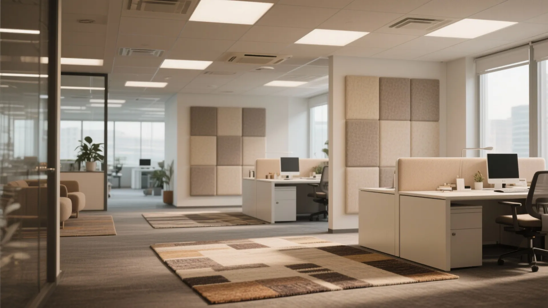 Office with acoustic panels and soft materials for noise control