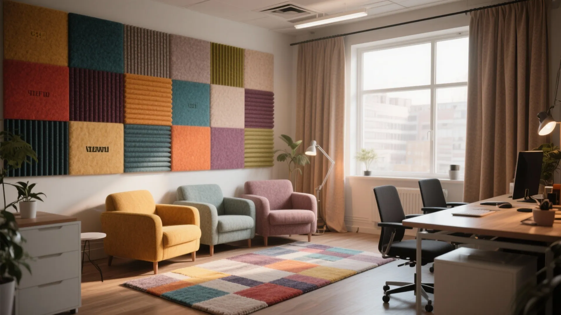Office with felt wall panels, rug, and curtains for noise reduction