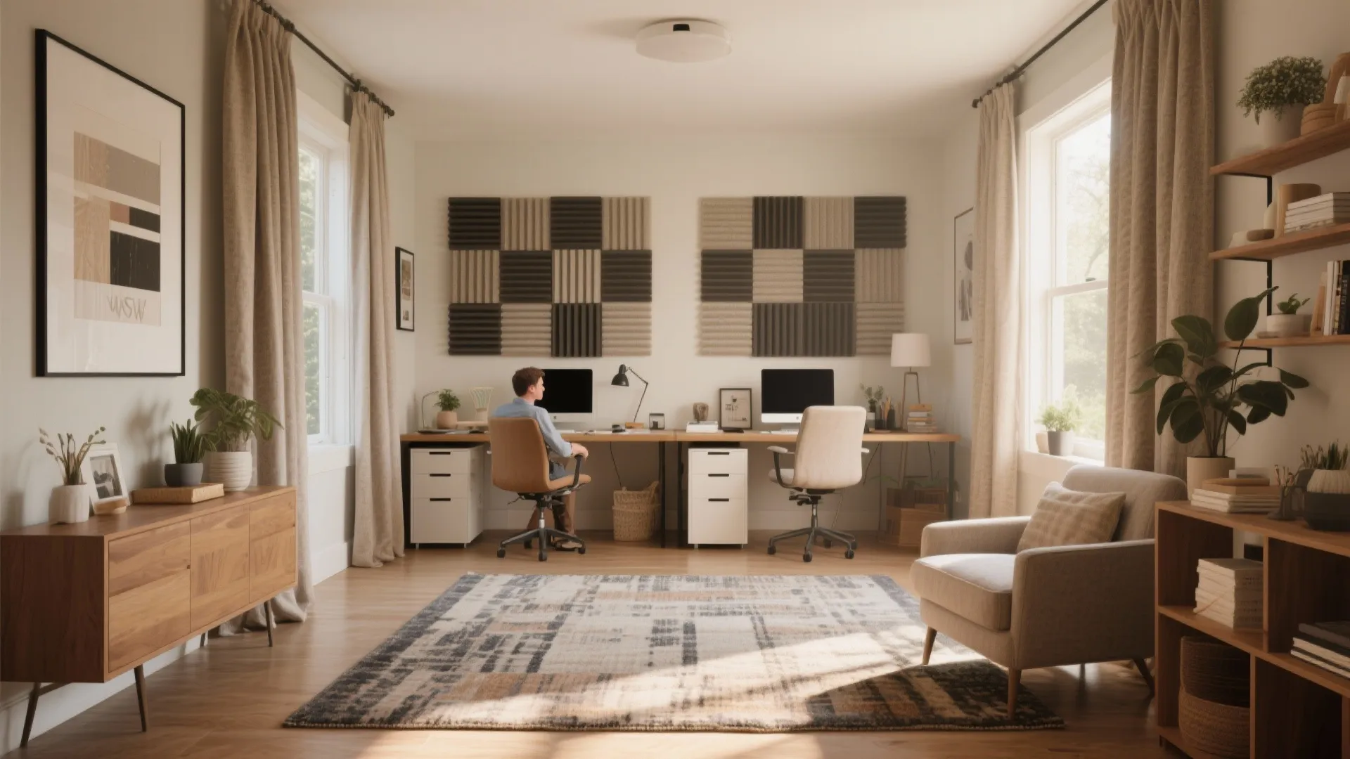 Home office with rugs, curtains, acoustic panels for noise control