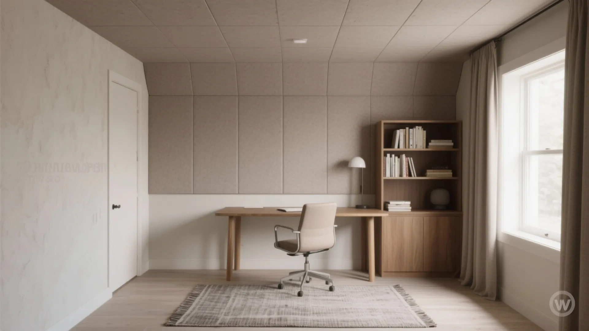 Modern home office with wooden desk chair bookshelf wall panels grey rug and natural light