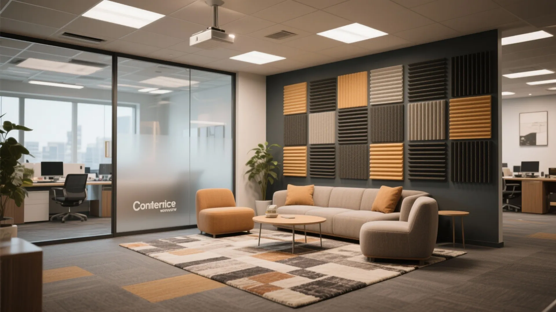 Modern office lounge featuring grey sofa, orange armchairs, patterned rug, wall panels, and ceiling light