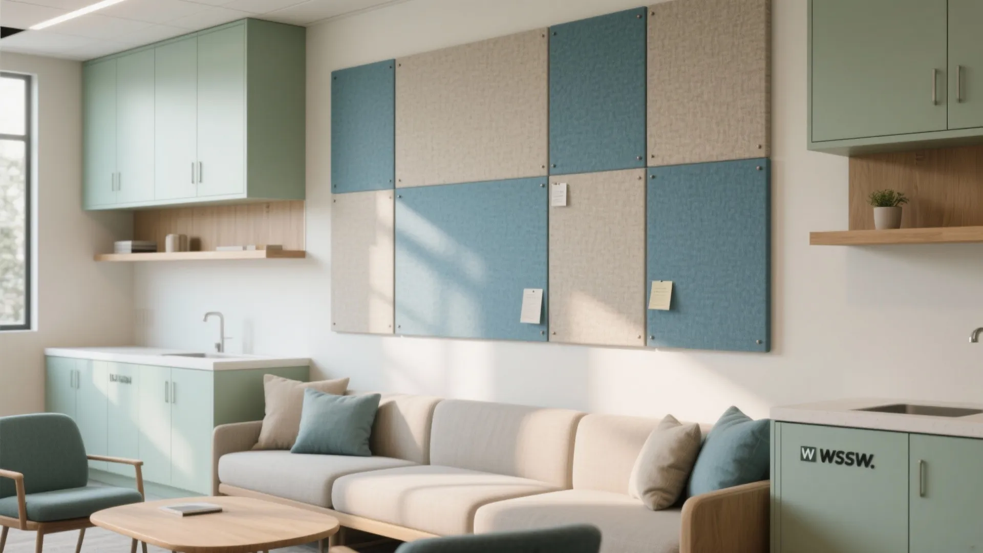 Modern breakroom featuring a light sofa coffee table and colorful wall panels for sound absorption