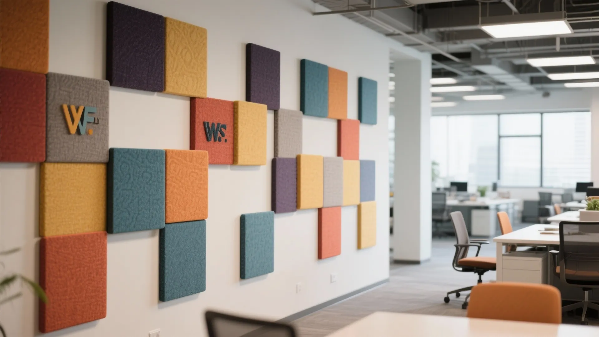 Modern office wall featuring colorful square wall panels in a creative pattern for acoustic design