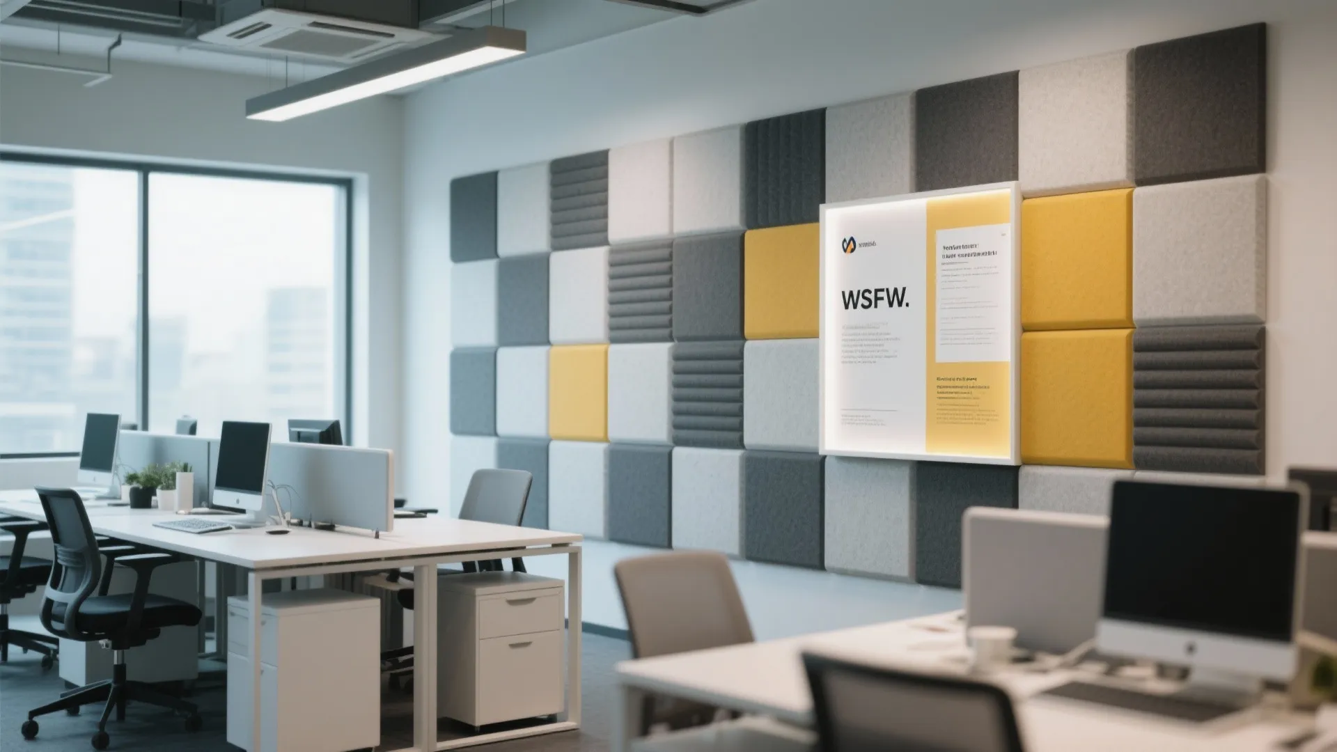 Modern office interior with grey and yellow wall panels and white desks with computer monitors