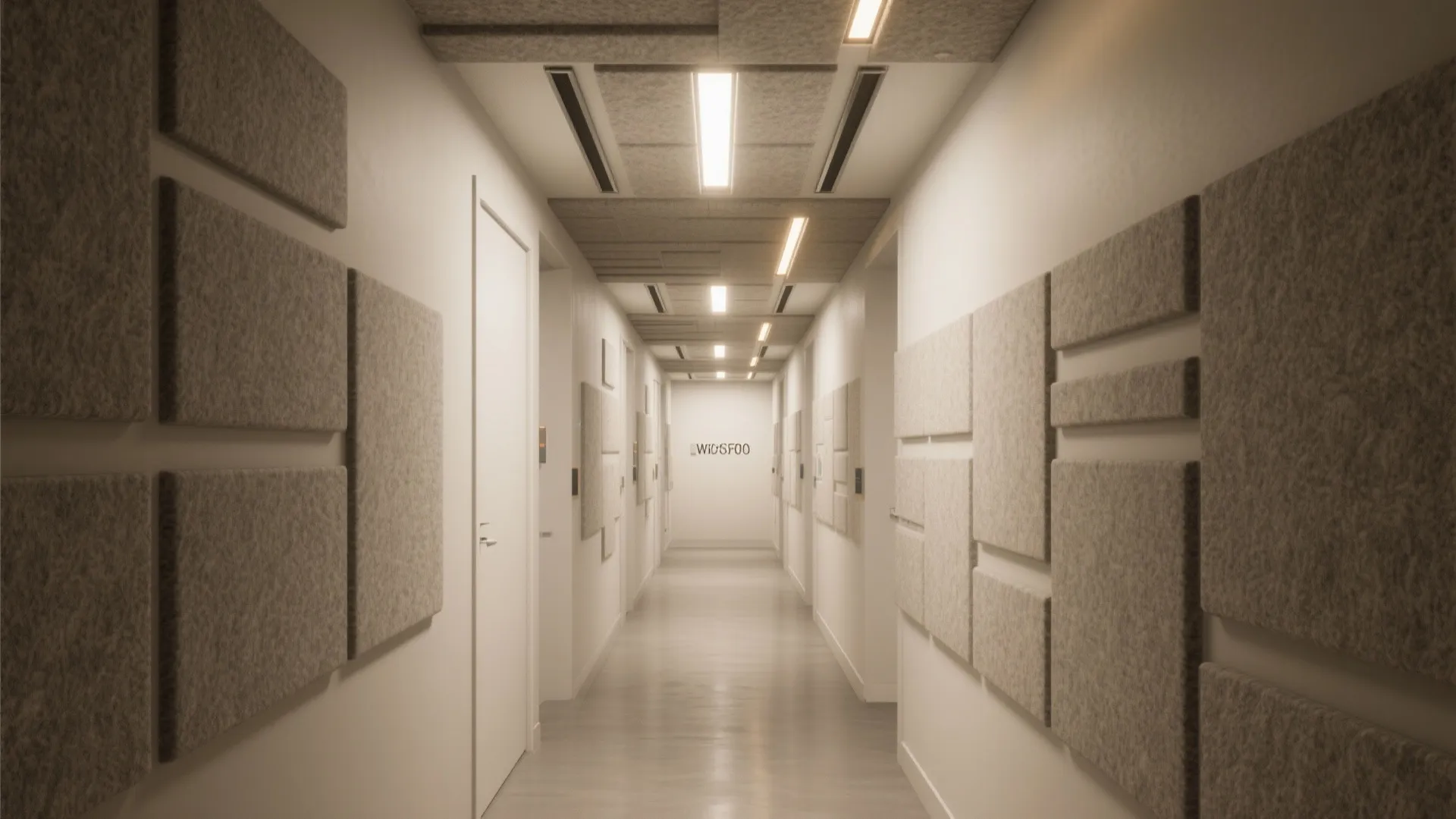Bright white office hallway with grey wall panels and rectangular light fixtures on the ceiling