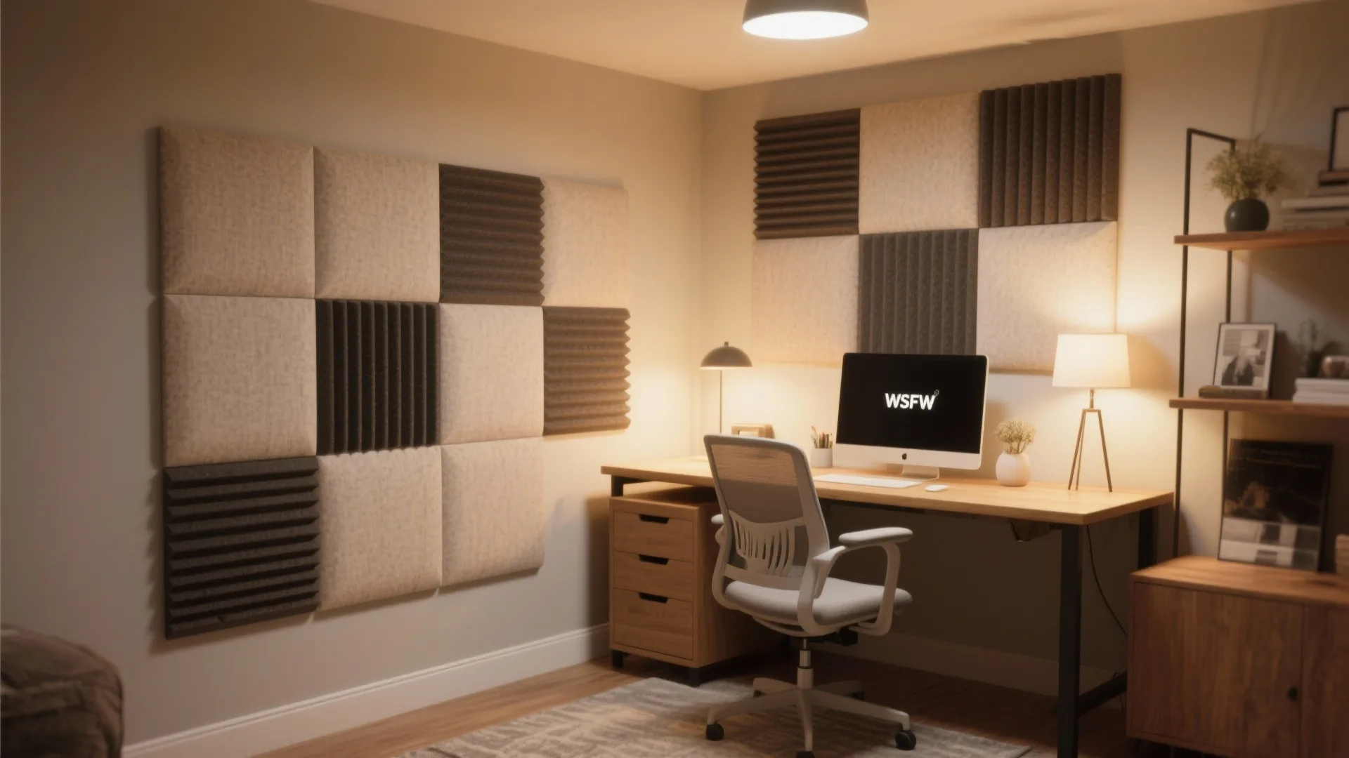 Modern home office featuring wall panels plus a wooden desk and chair with soft lighting