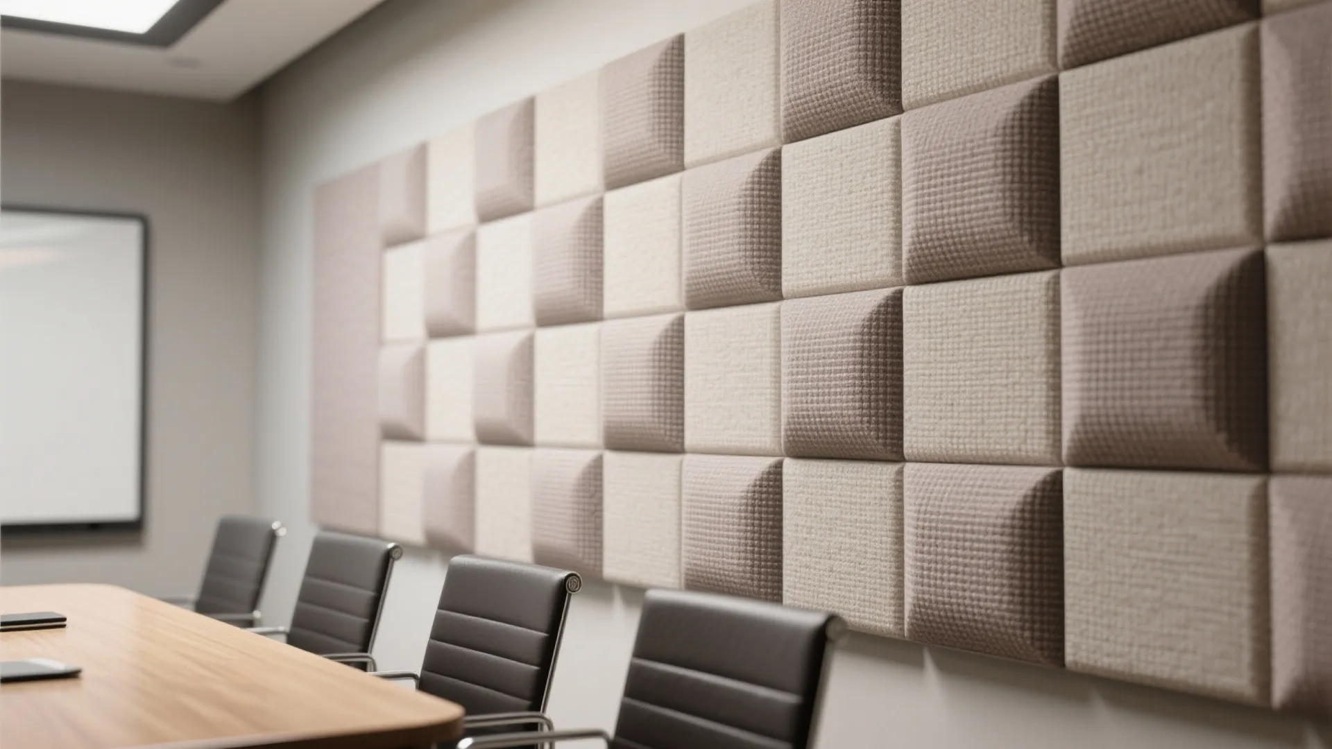 Modern meeting room featuring a textured wall panel design with black chairs and wooden table