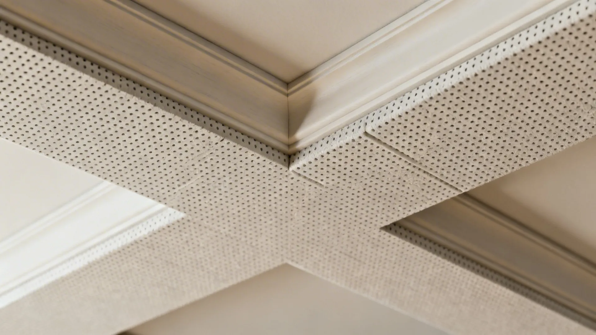 Close-up of micro-perforated acoustic panel detail on a coffered kitchen ceiling with crisp seams.