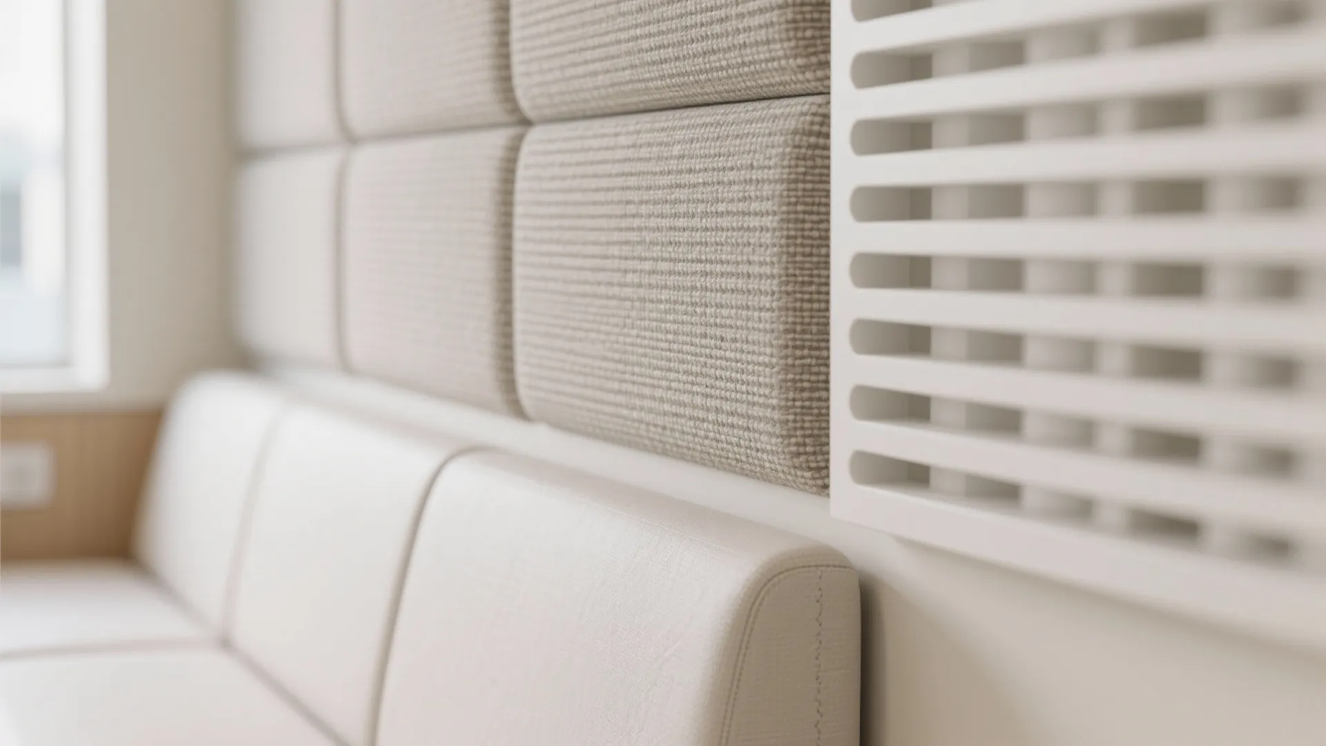 Close up of soft beige wall panels and white vent next to light colored fabric sofa