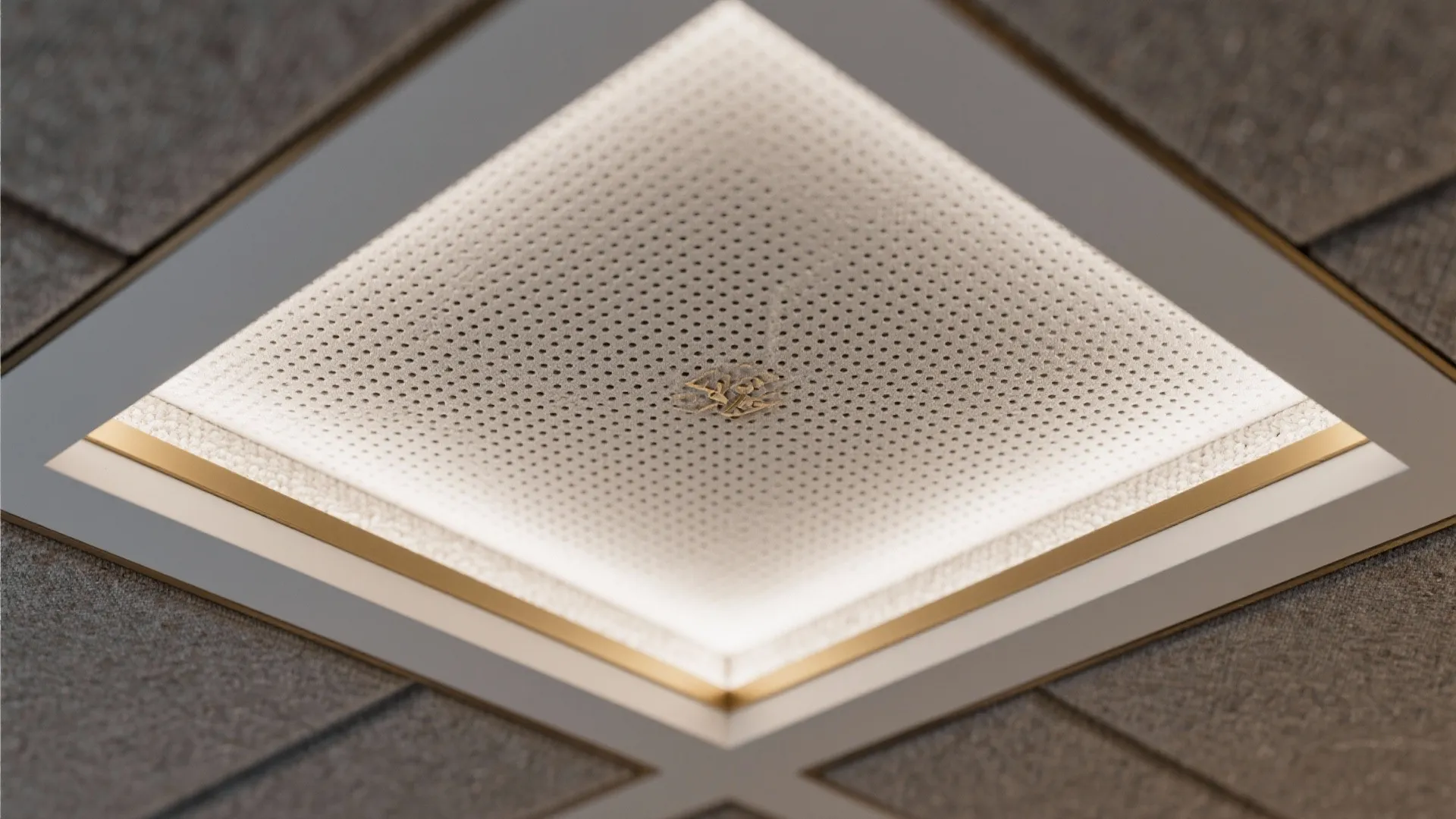 Macro of perforated acoustic panel within a geometric coffer with brass trim.