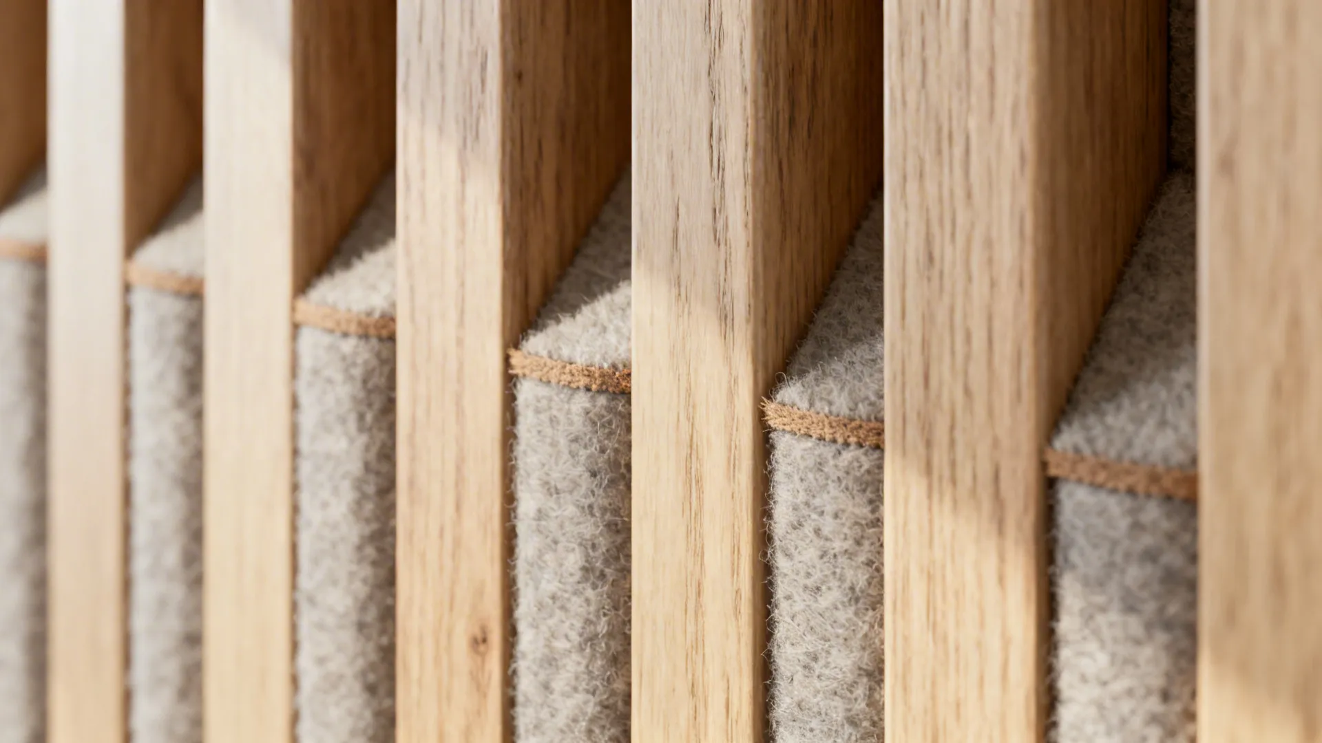 Close-up of wood slat acoustic panel with felt backing showing detailed texture and grain.