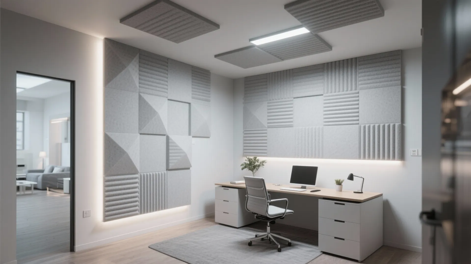Work area with ceiling-mounted acoustic panel lights
