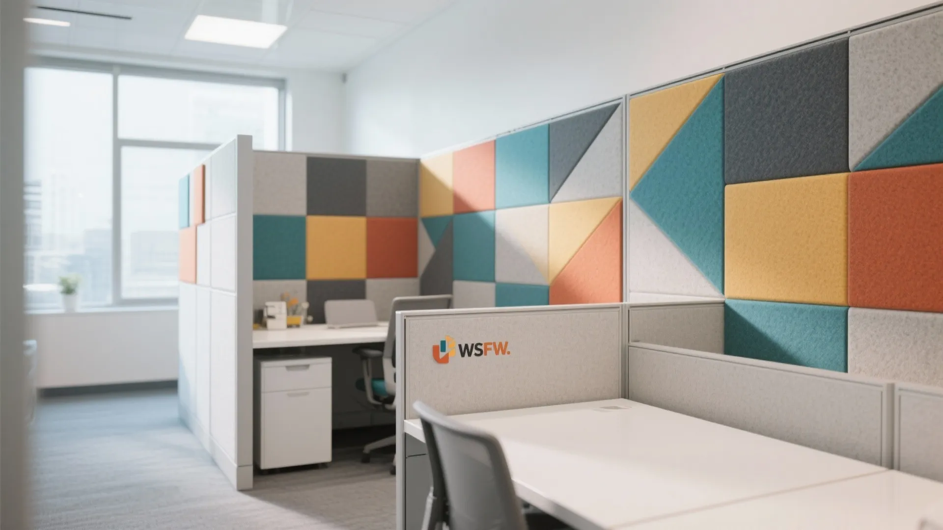 Office workspace featuring colorful geometric wall panels white desks grey chairs and a window view