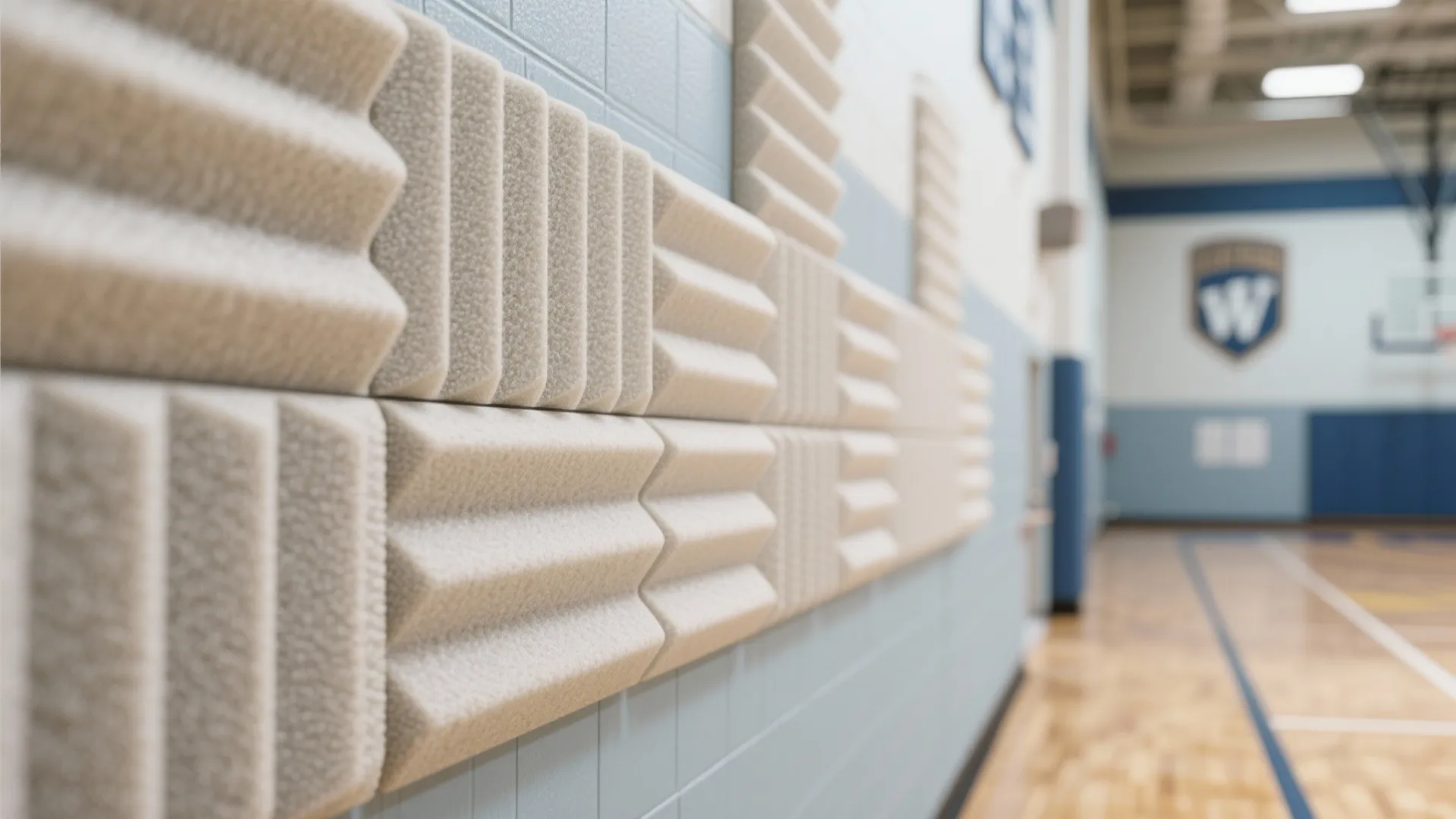 Textured sound foam panels on a blue wall inside a large school gym with flooring