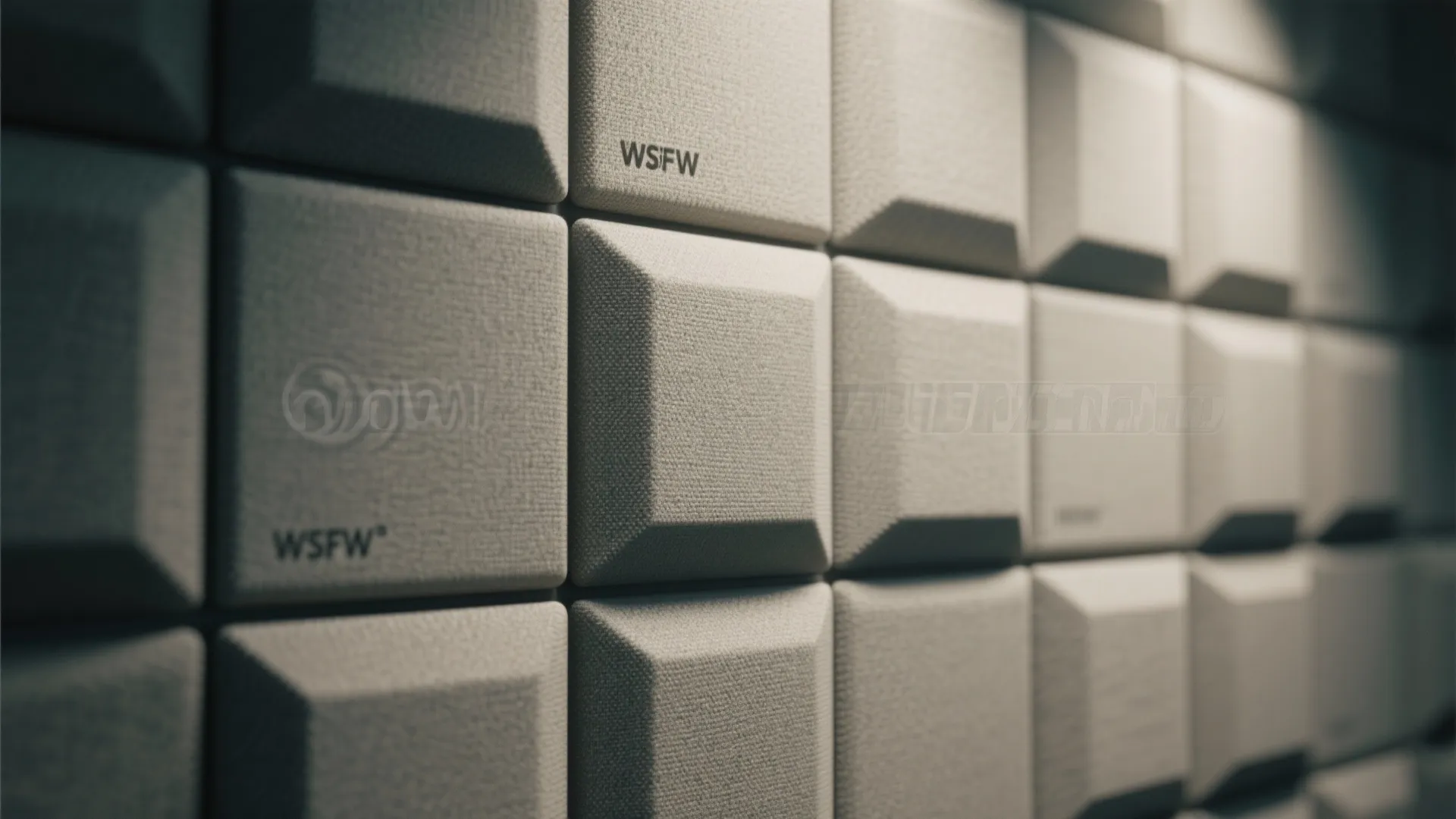 Close up view of square grey sound absorbing wall panels for office noise reduction interior