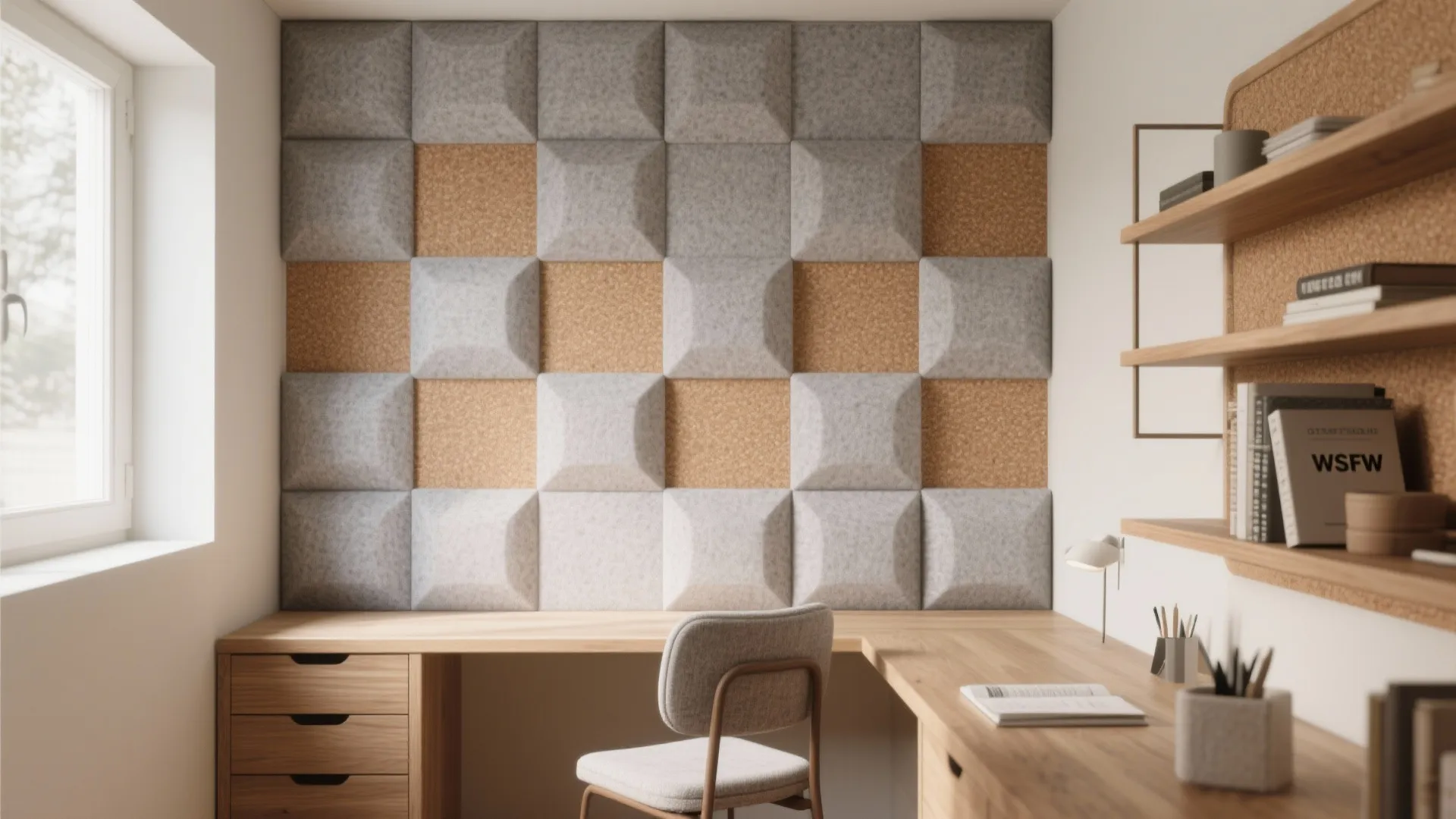 Home office with wooden corner desk and wall decorated with grey and brown square panels