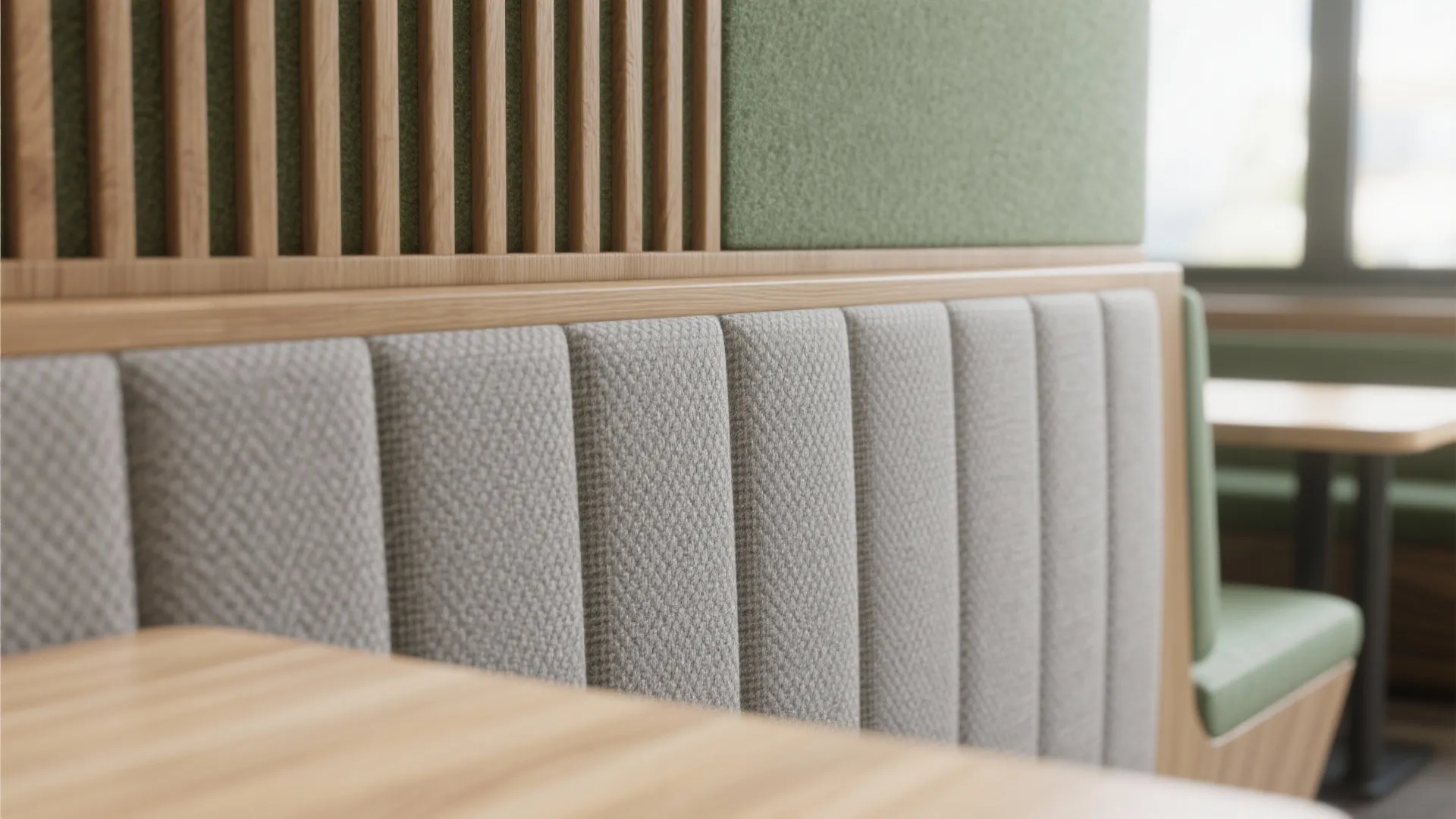 Close up of wall panel with grey fabric strips, wooden slats, and green square fabric