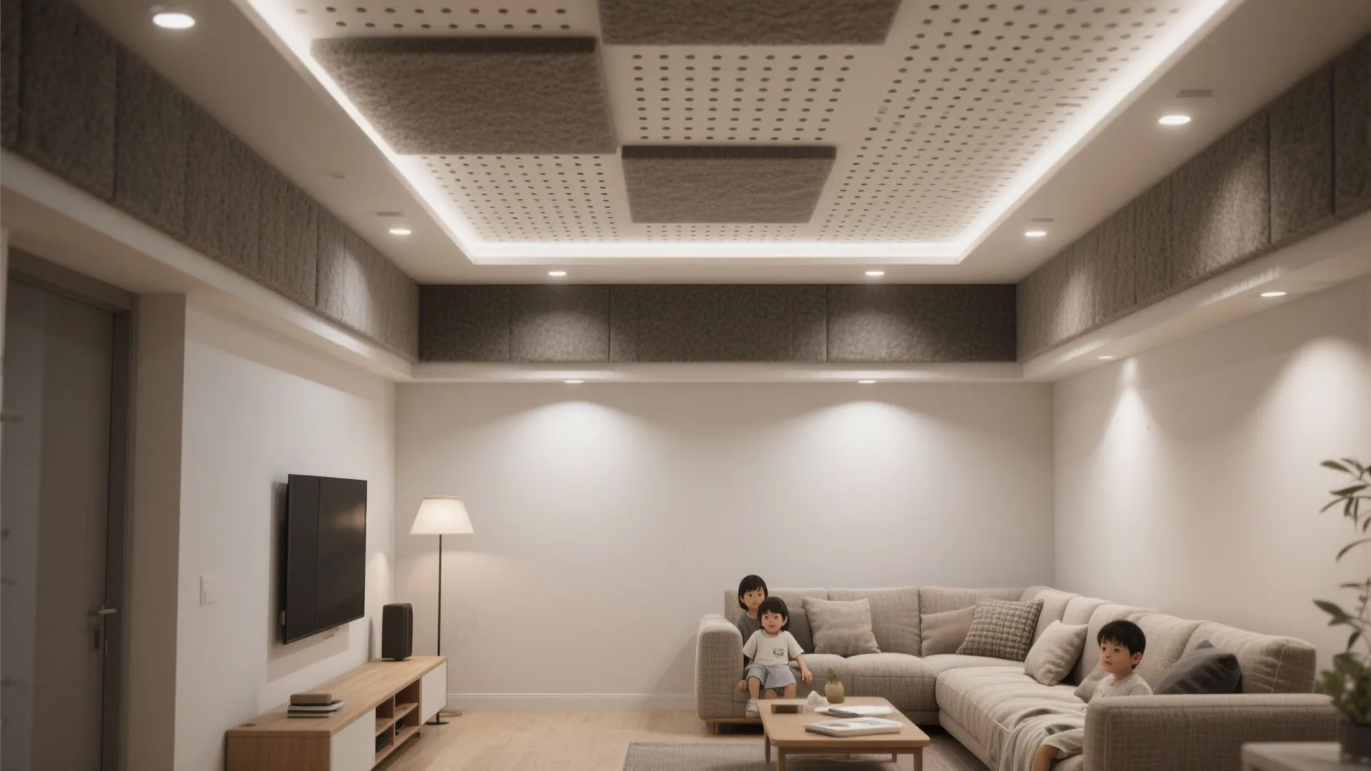 Modern living room featuring grey acoustic ceiling panels with small holes and a large sofa