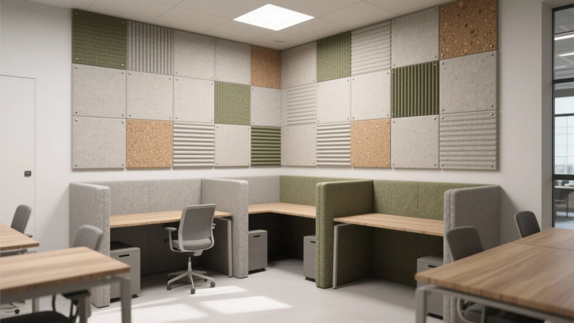 Office workspace with private desks wood tables grey chairs and colorful square acoustic wall panel design