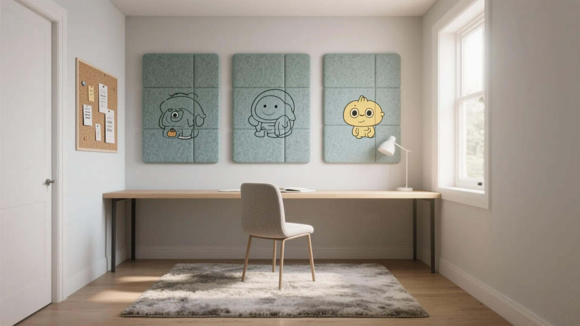 Modern study room with wooden desk grey chair and three cartoon sound absorbing wall panels