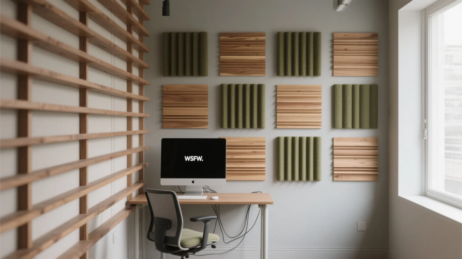 Minimalist workspace featuring square wooden and green wall panels desktop computer and light wood desk design