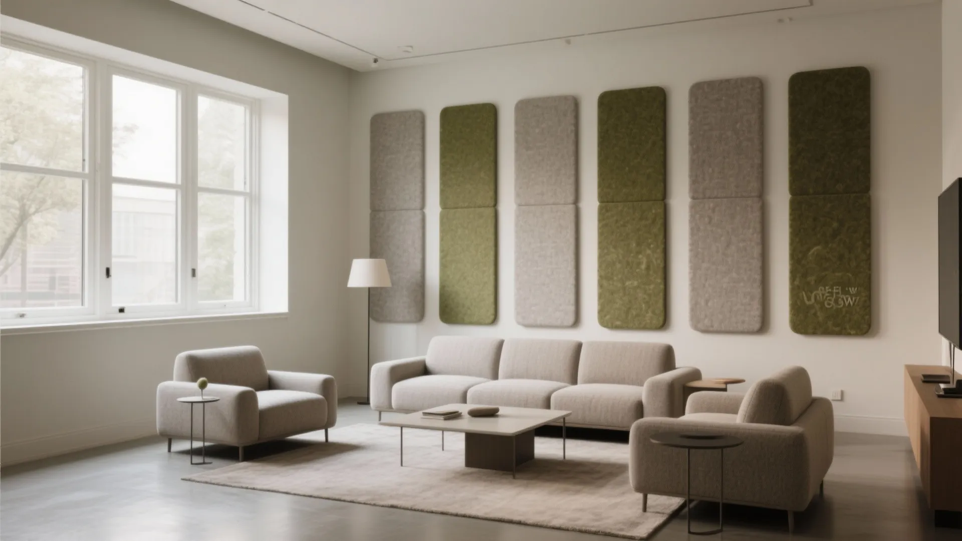 Modern living area with grey sofas armchairs coffee table and green and grey wall panels