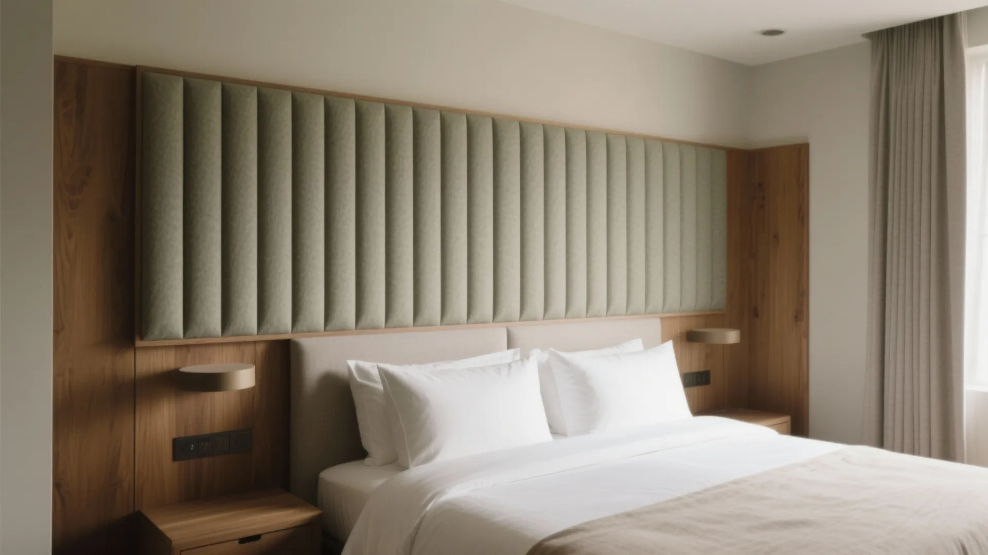 Modern bedroom featuring a green padded wall panel with wood accents and white comfortable pillows
