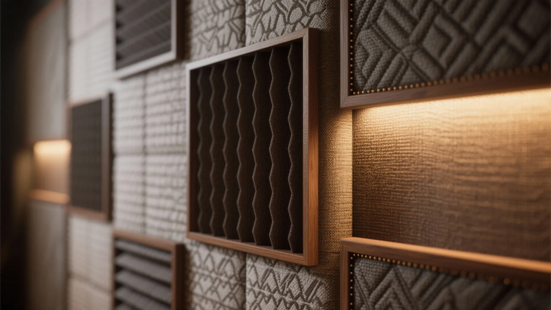 Close up view of various wall panel designs with wooden frames and soft warm light fixtures