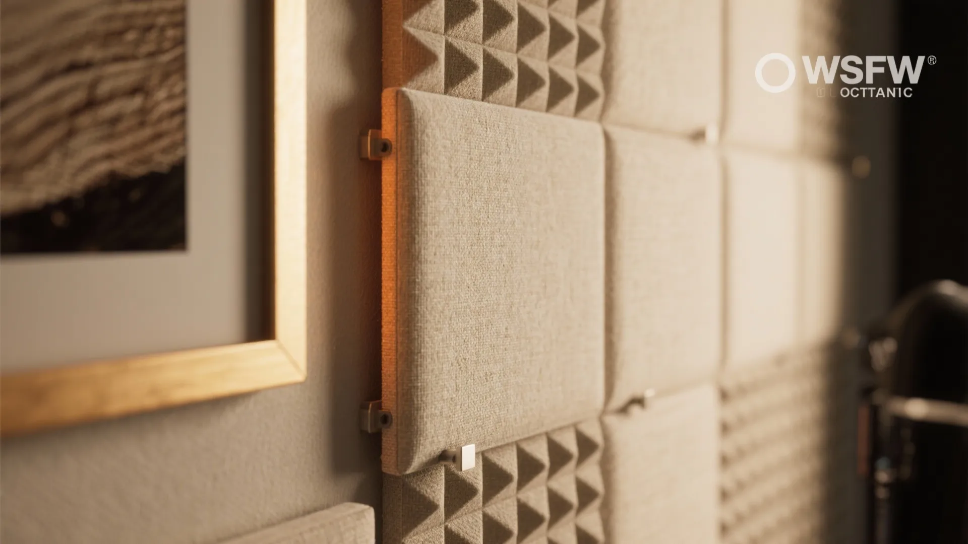 Grey wall with square sound absorbing foam panels and soft fabric covers in a room