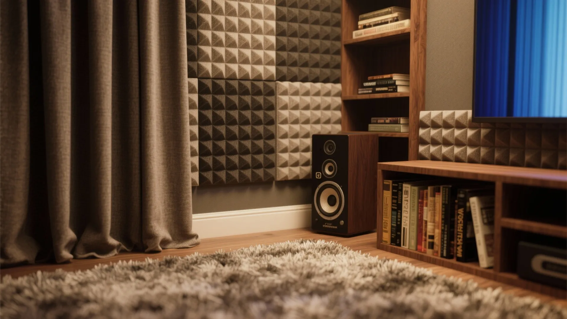 Modern room with soundproof wall panels near a wooden bookshelf, speaker, and grey rug on floor