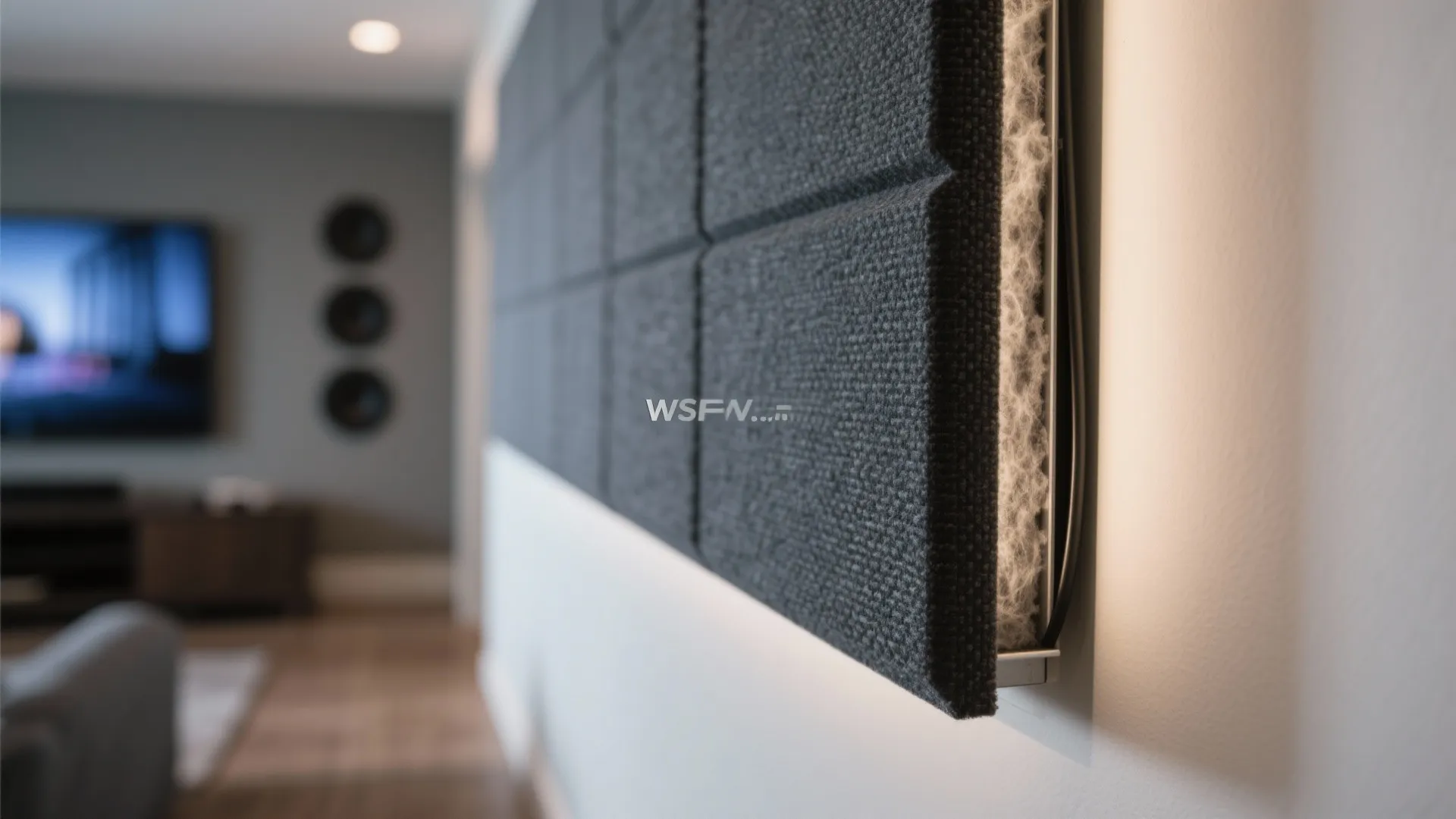 Grey square wall panel with soft inner material and warm light in a modern room