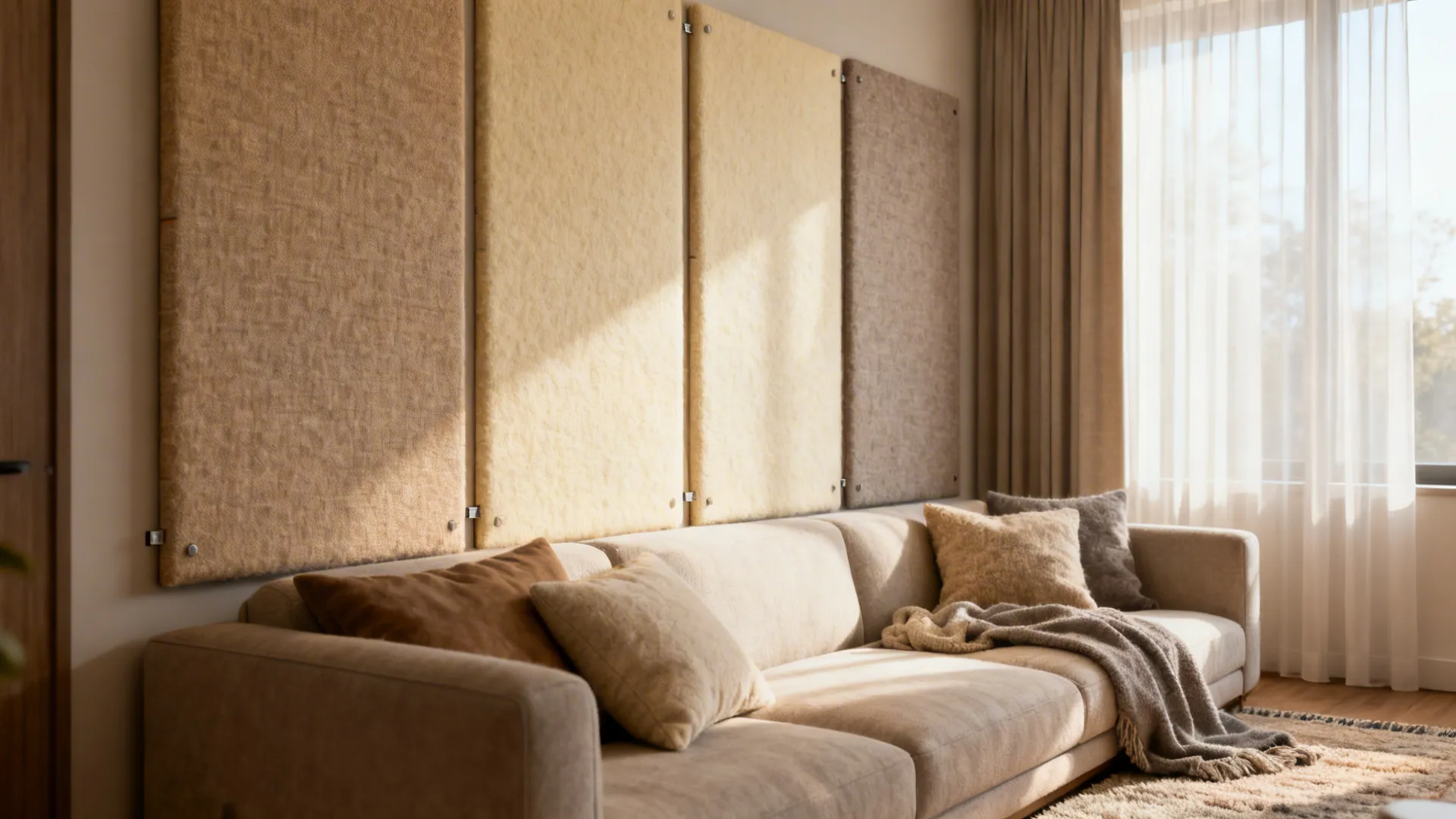 Living room with fabric-wrapped acoustic panels behind the sofa for sound and texture.