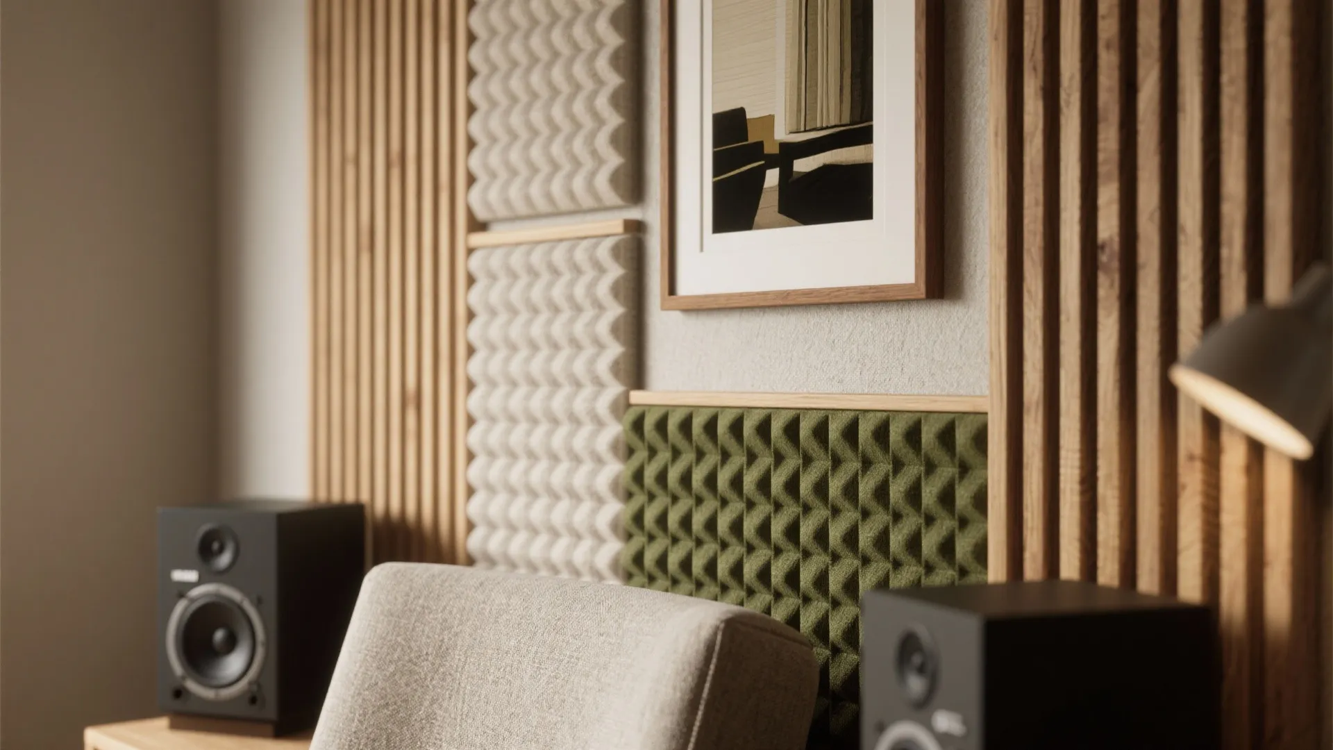 Wall with wooden panels green foam tiles framed art and speakers in a music studio