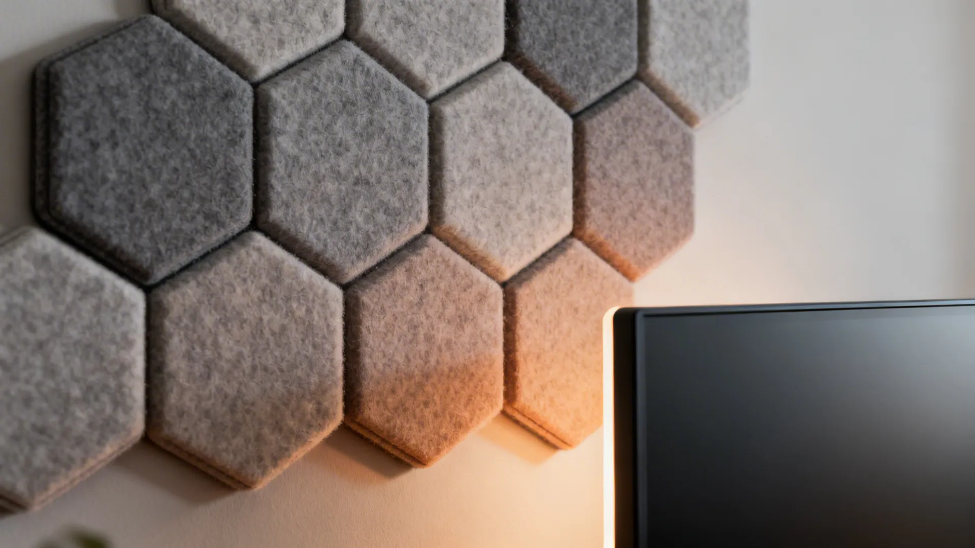 Close-up of hexagonal acoustic felt panels in a subtle gradient behind a monitor.