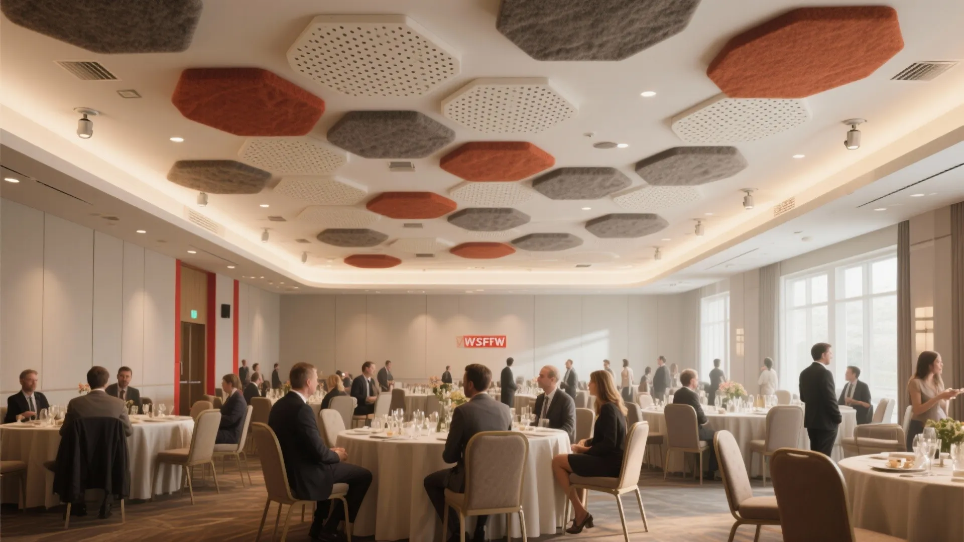 Dining room with colorful hexagon wall panels on ceiling and people sitting at round tables