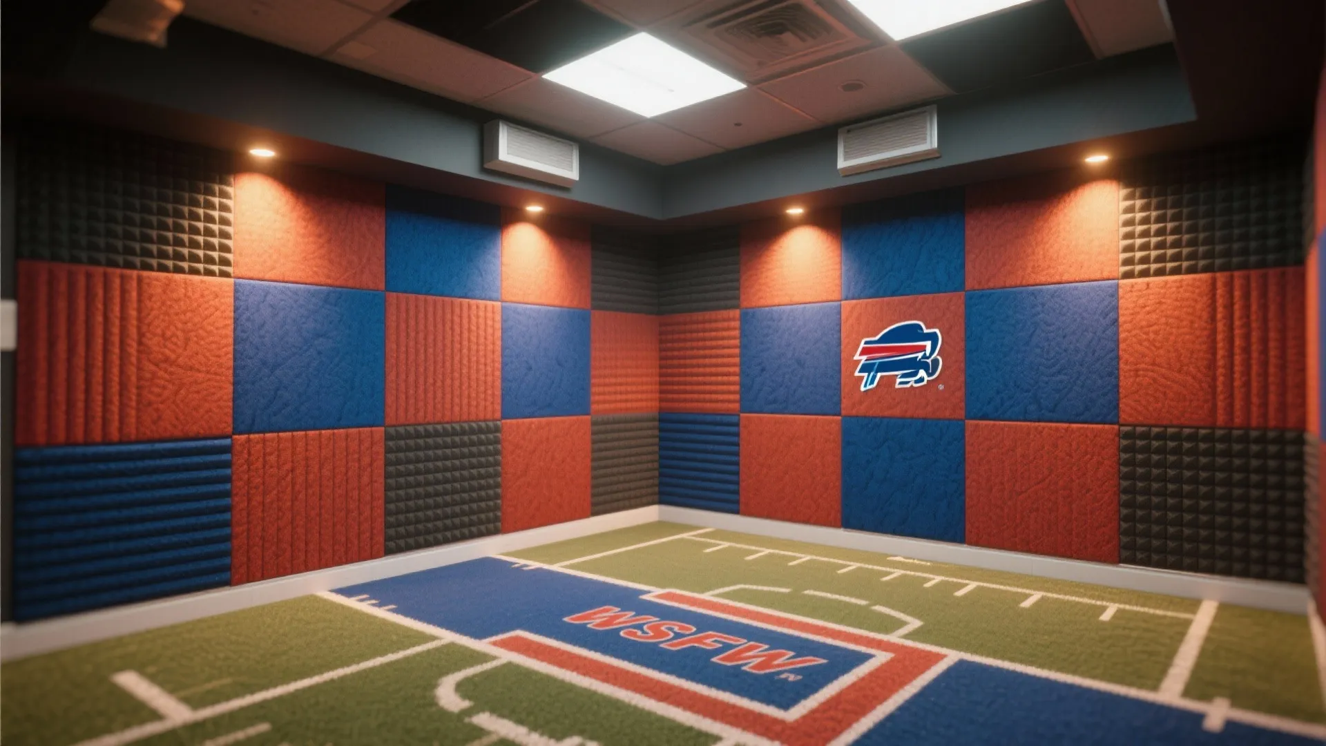 Basement walls with colorful acoustic fabric panels for sound control.