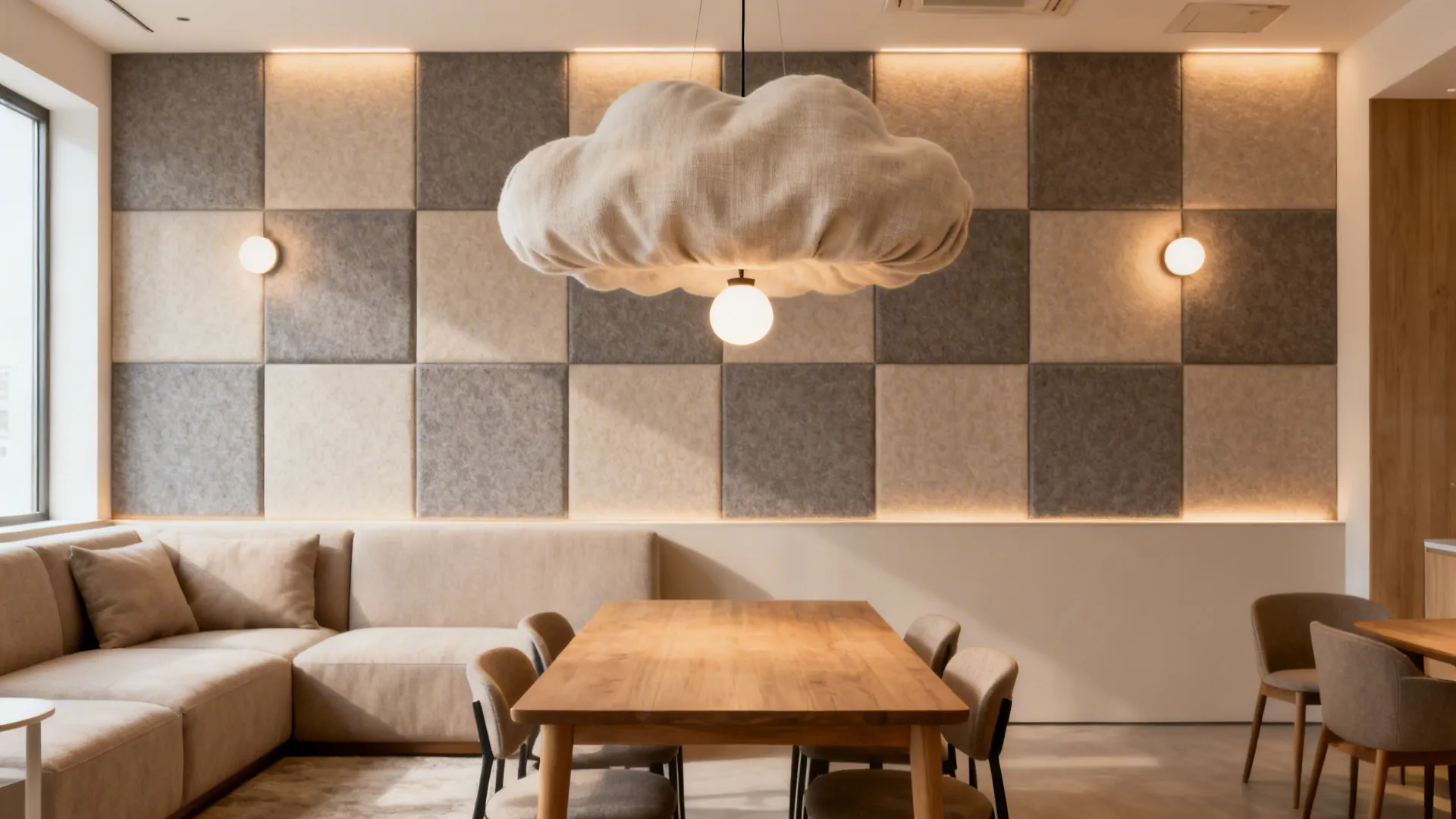 Open-plan room with PET acoustic panels over the lounge and a fabric cloud above the dining table.