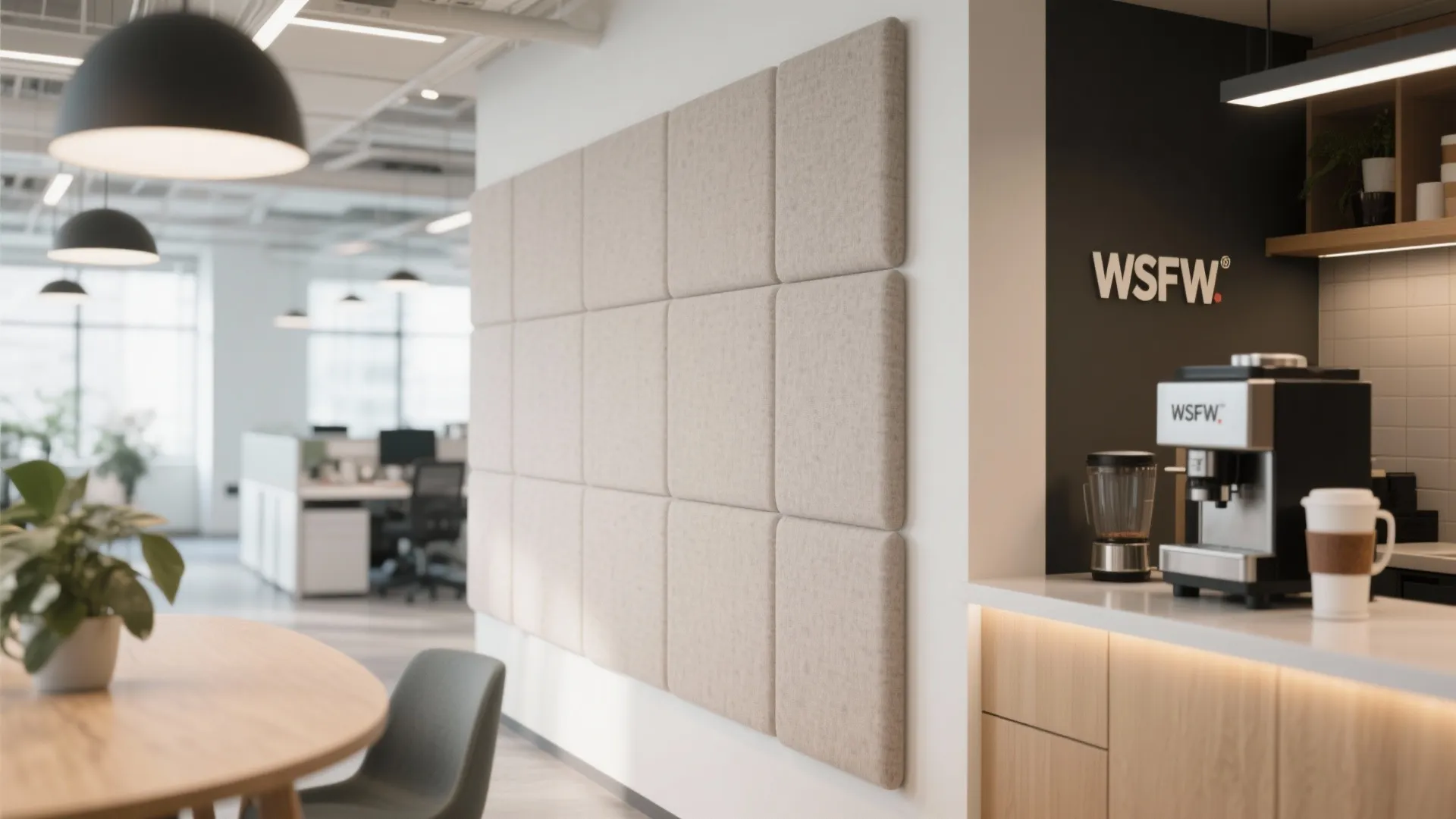 Office breakroom with square wall panels coffee machine wood table ceiling light and open workspace
