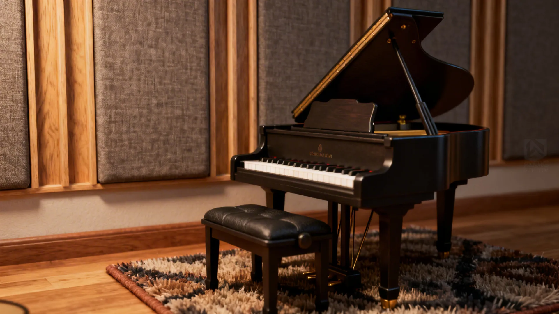 Acoustic panels behind a compact grand piano with a rug under the bench to improve sound