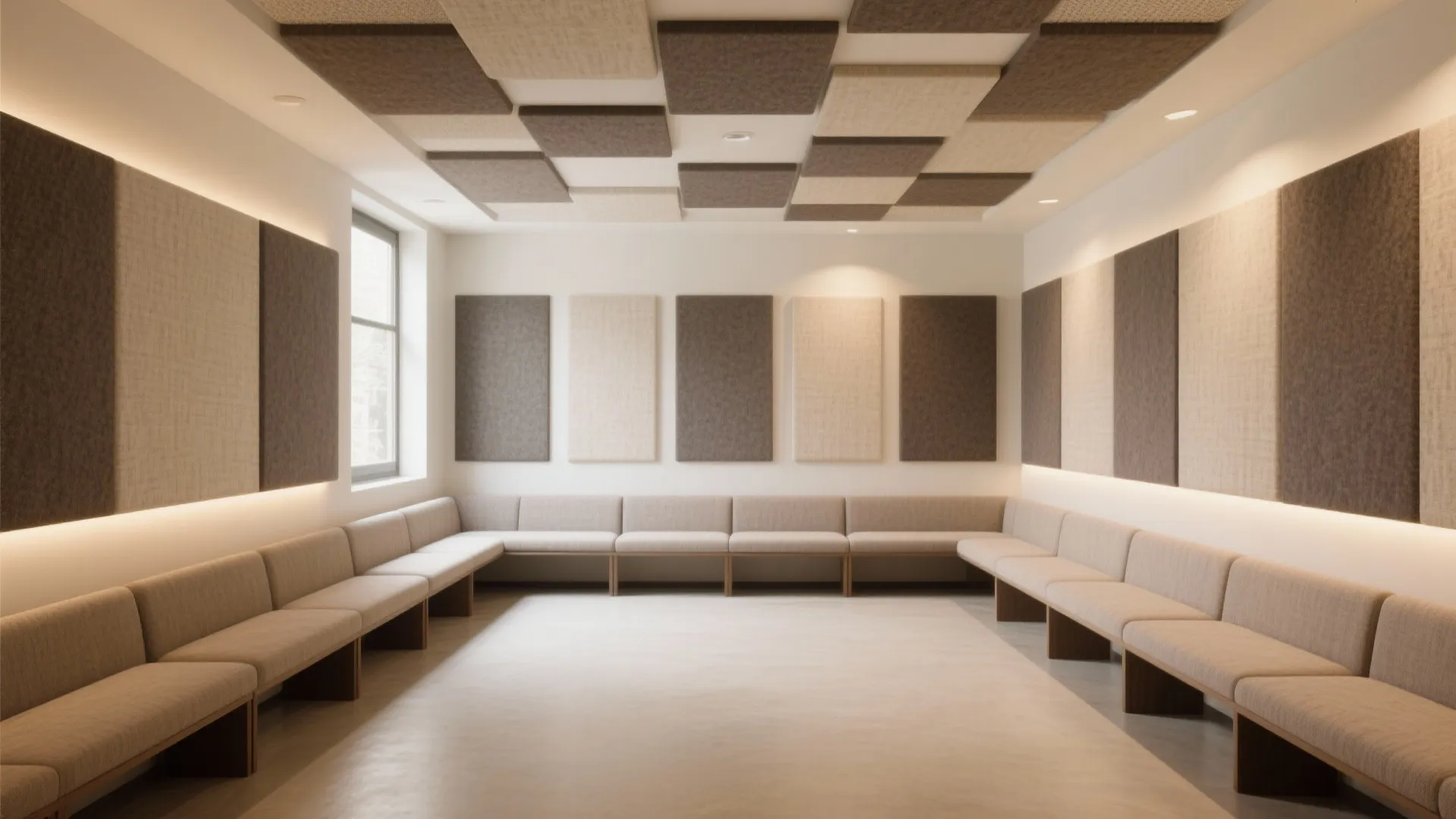 Waiting room with beige sofa long bench and square wall panels under a decorated ceiling