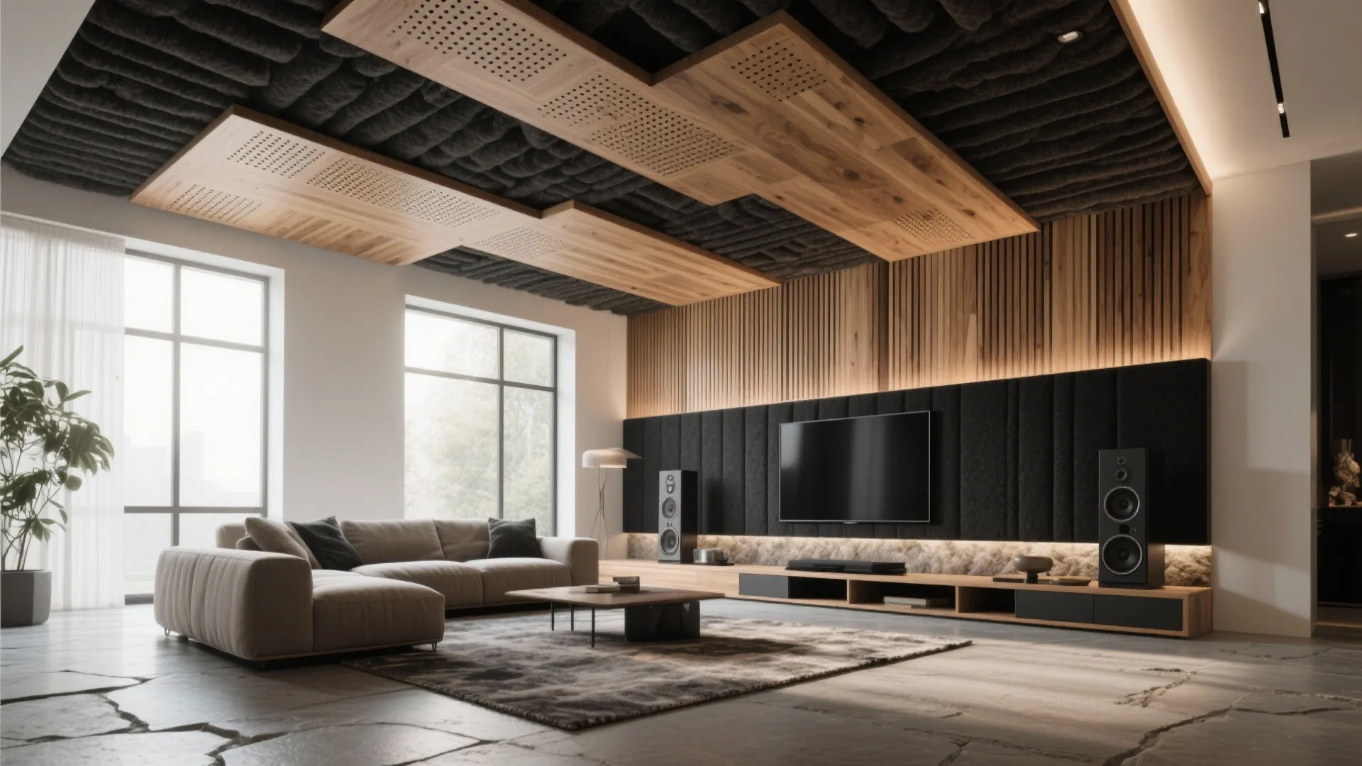 Living room with slotted acoustic wood ceiling panels and black backing for sound control.