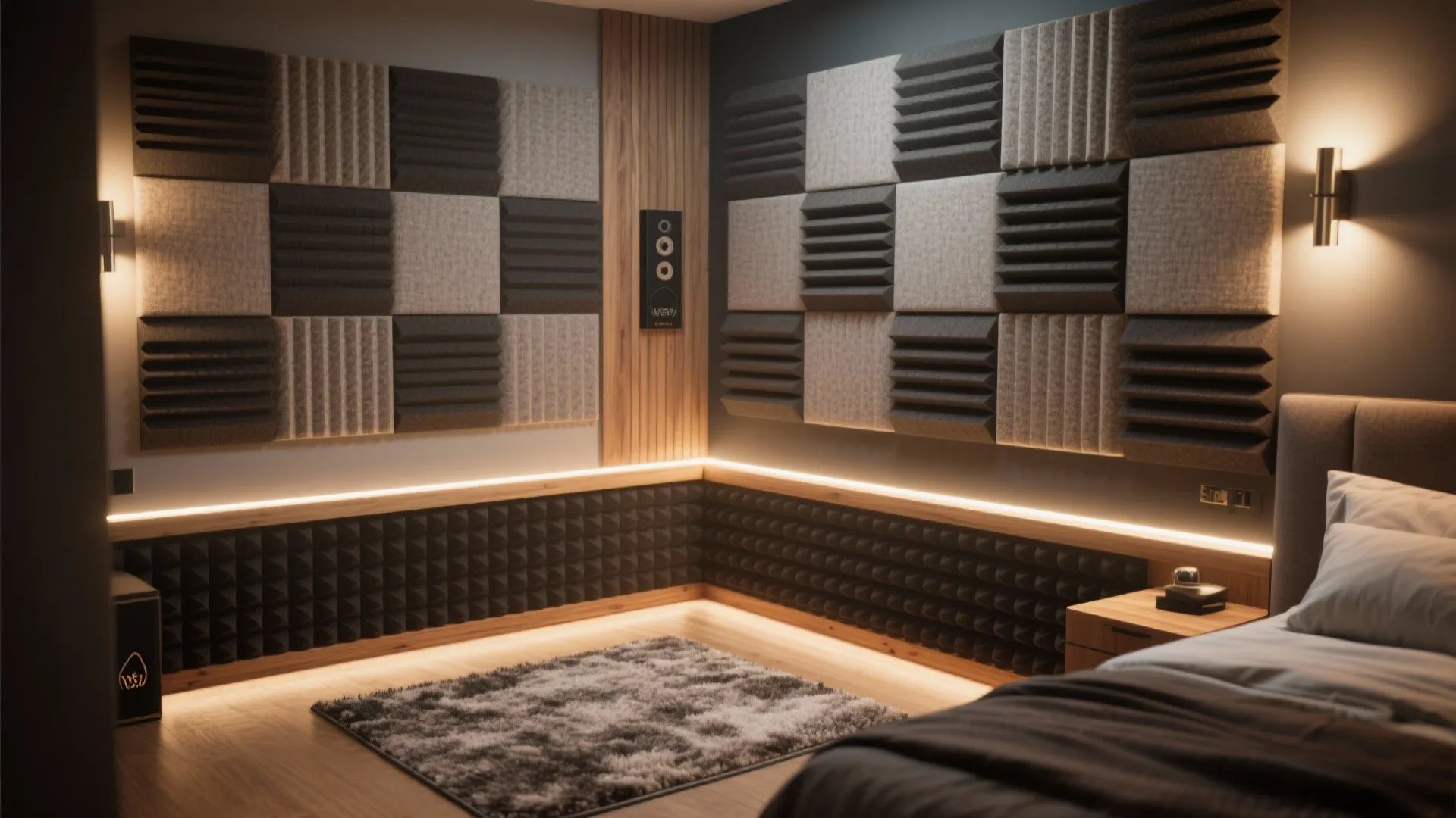 Modern bedroom with sound absorbing wall panels checkerboard pattern warm lighting and a grey fluffy rug