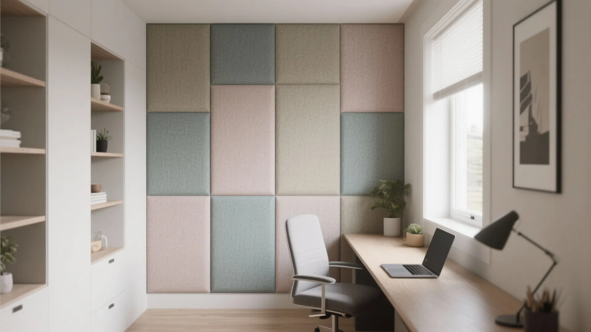 Office room with colorful square wall panels a long wooden desk chair and laptop computer