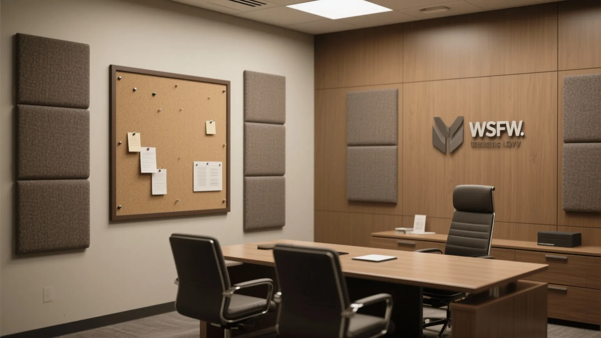 Office interior showing a cork board with notes, grey wall panels, wooden desk, and chairs