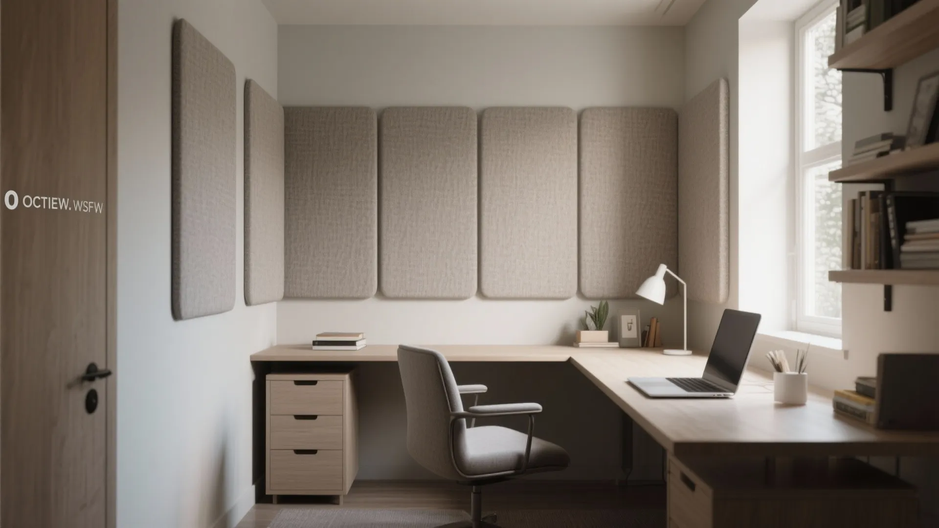 Modern study room with corner wooden desk grey office chair wall panels and white desk lamp