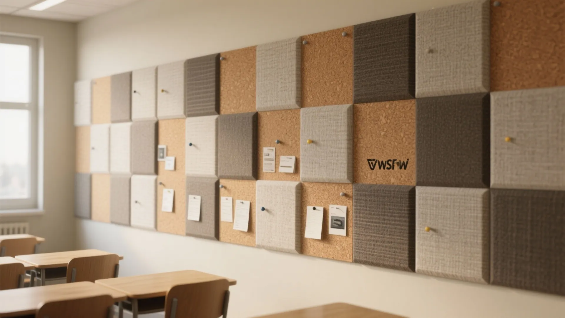 Classroom wall covered in square cork and fabric panels with pinned notes and wooden desks