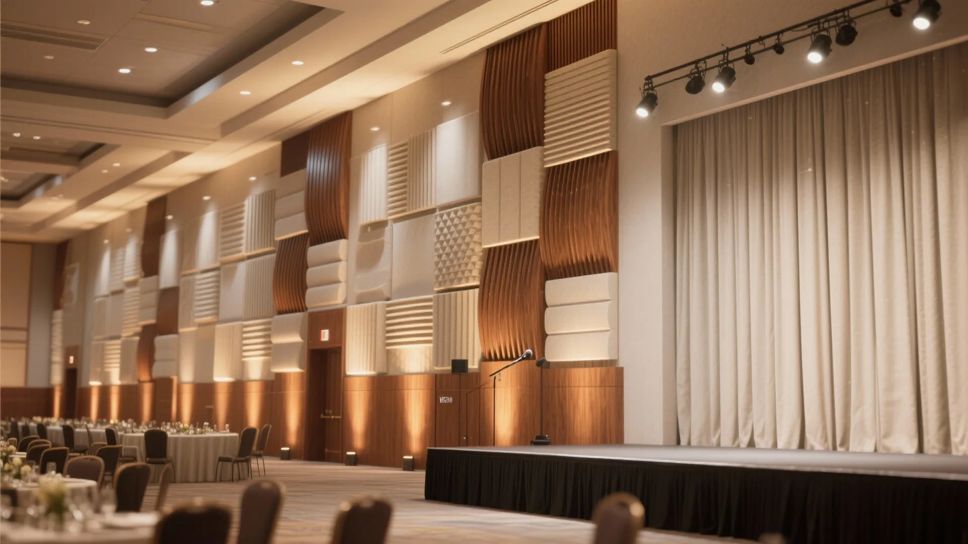 Large hall featuring wooden wall panels stage curtains spotlights and round tables for event dinner