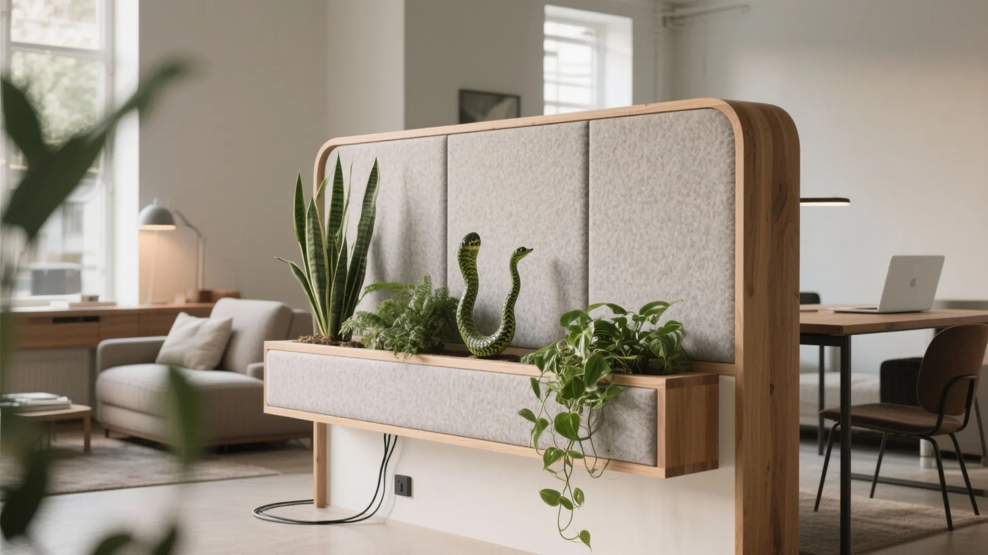 Grey room divider with built in wooden planter box holding green plants in modern bright office