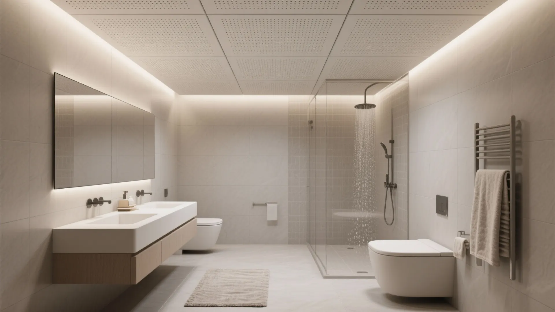 Modern bathroom with double sink cabinet glass shower area white toilet and warm hidden ceiling lighting
