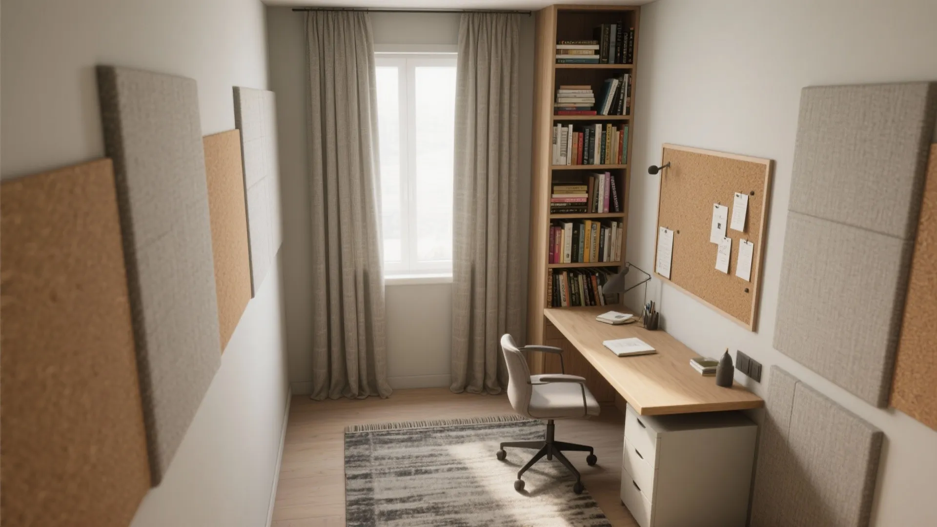 Small study room layout with wood desk grey office chair tall bookshelf and wall panels